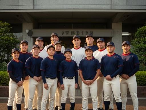 神戸のスタジアム前で並ぶゼウス球団 (Zeusu Kyūdan)の選手たち